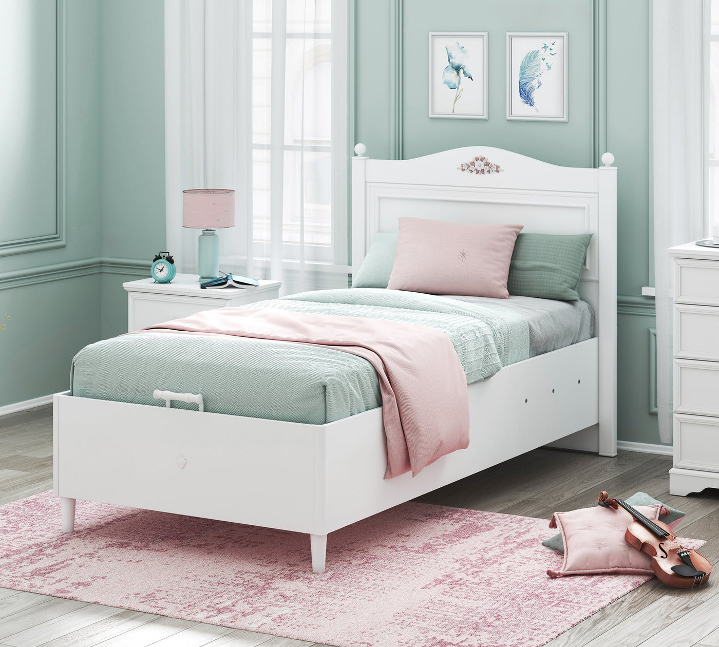 Rustik White Shtrat me bazë (mekanizëm hapjeje)