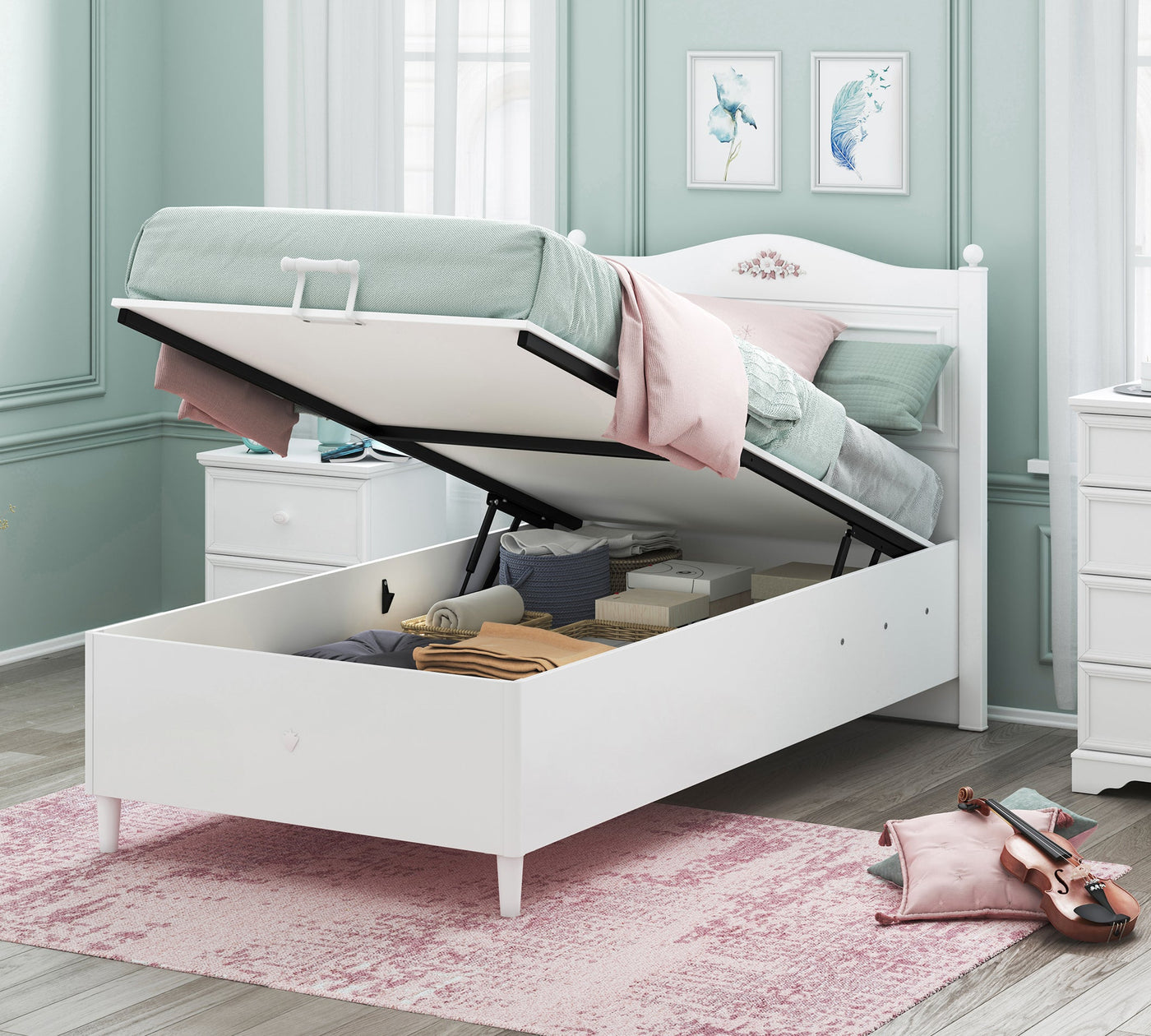 Rustik White Shtrat me bazë (mekanizëm hapjeje)