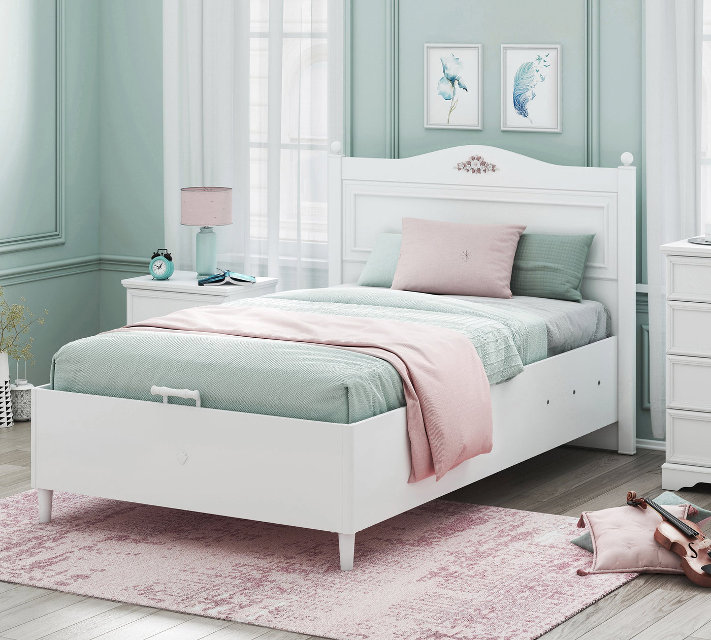 Rustik White Shtrat me bazë (mekanizëm hapjeje)